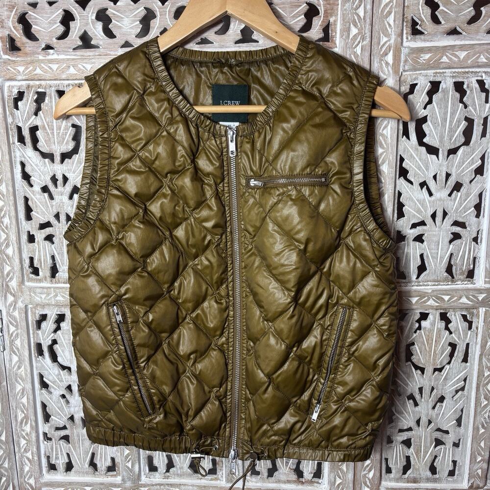 J Crew Puffer Down Vest Women's XS Field Excursion Quilted Olive Cinch Waist